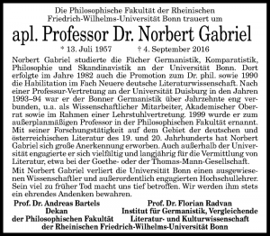 Todesanzeige von apl. Professor Dr. Norbert Gabriel